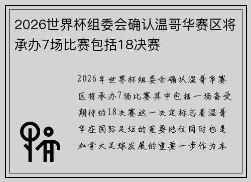 2026世界杯组委会确认温哥华赛区将承办7场比赛包括18决赛