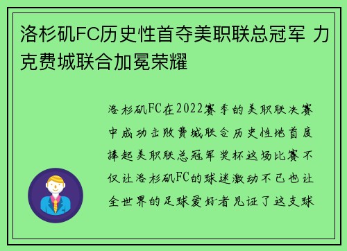 洛杉矶FC历史性首夺美职联总冠军 力克费城联合加冕荣耀