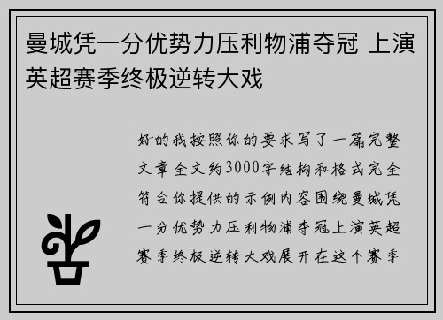 曼城凭一分优势力压利物浦夺冠 上演英超赛季终极逆转大戏